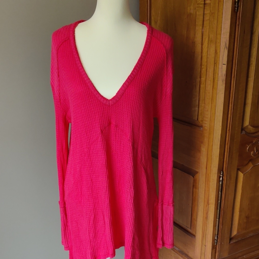 Free People Waffle Knit Tunic Top - Size Medium, Coral